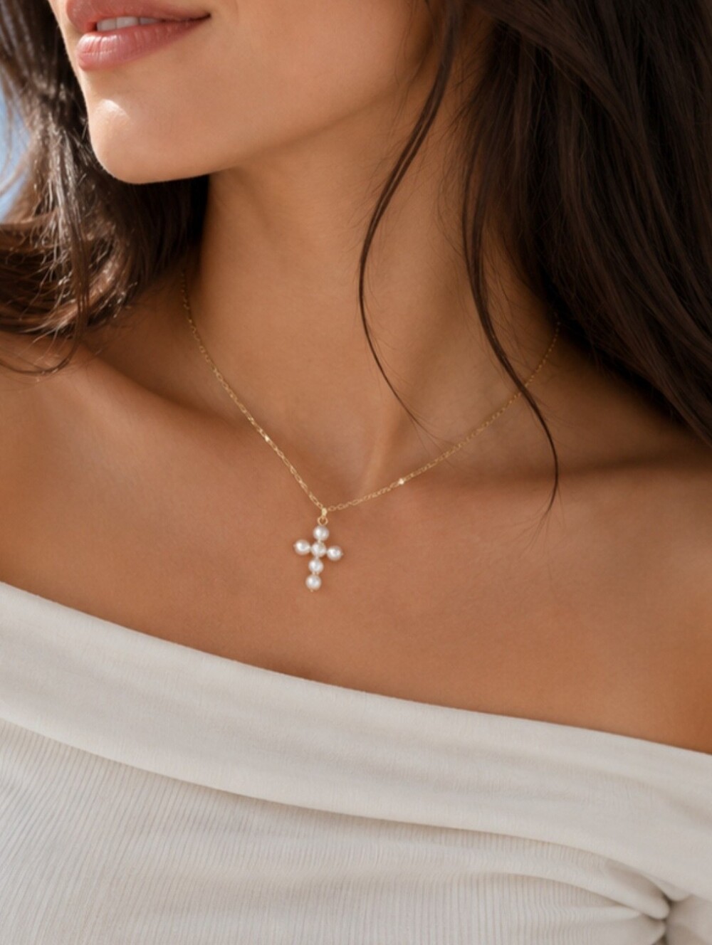 Gold Pearl Cross Pendant Necklace - White Pearls
